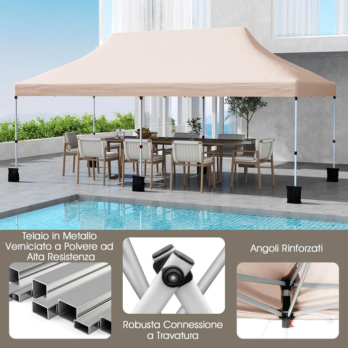Gazebo Pieghevole da Giardino 3 x 6m, Gazebo Pop-up con Borsa da Trasporto, Regolabile in Altezza, per Feste (Beige)
