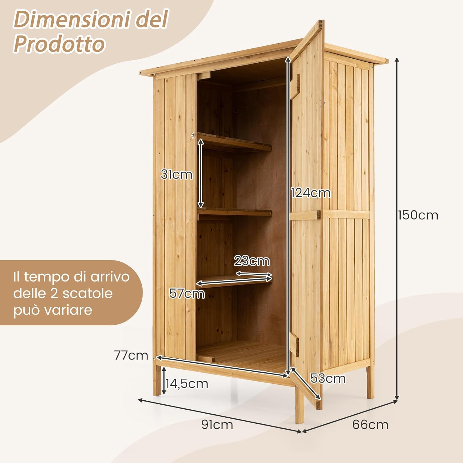 Armadio da Esterno, Casetta Porta Attrezzi da Giardino in Legno con Tetto in Asfalto, 3 Ripiani, Porta con Serratura e 5 Ganci, Ripostiglio per Balcone, Patio e Giardino, 91 × 66 × 150 cm