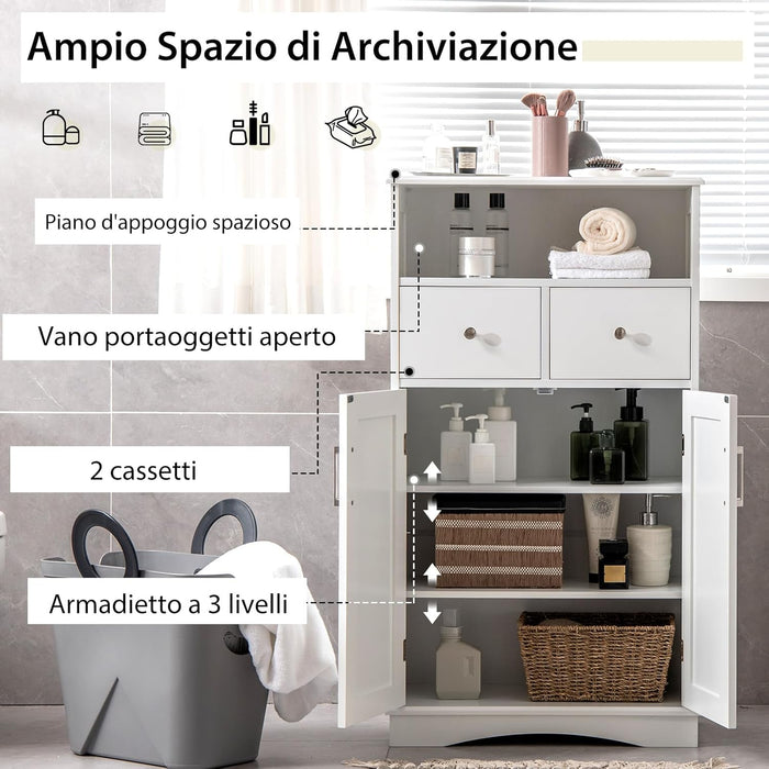 Armadio da Terra con 2 Porte, Mobile da Bagno con 2 Cassetti e 2 Ripiani Regolabili, Mobiletto Multifunzionale per Bagno Cucina e Soggiorno, 60x30x108 cm (Bianco)