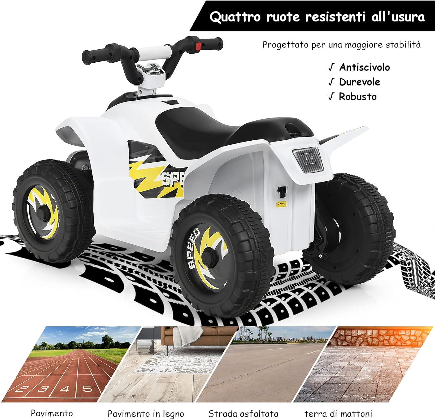 6V Quad Elettrico per Bambini con Batteria, Mini Quad con Funzione Avanti/Indietro, Velocità Massima 4,6 km/h (Bianco)