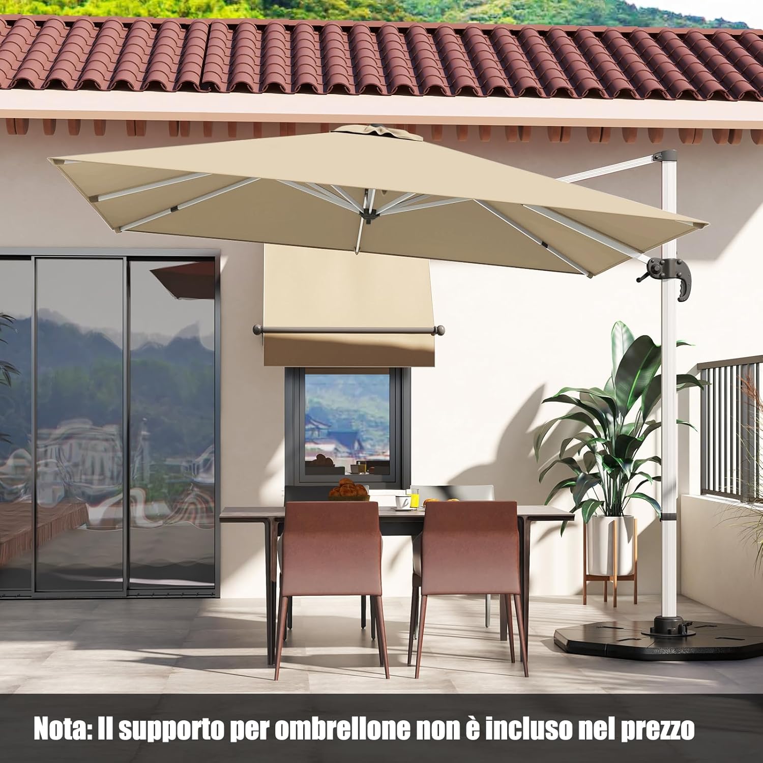 Ombrellone da Giardino 300 cm, Ombrellone Quadrato da Esterno con Rotazione a 360°, Inclinazione Regolabile, Base a Croce, 8 Stecche (Beige, 300 x 300 x 261 cm)