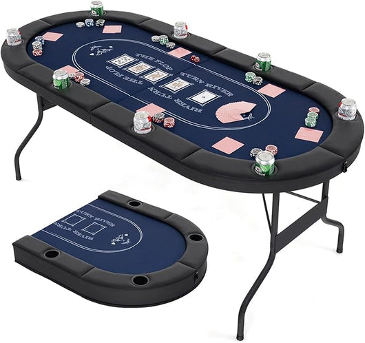 Tavolo da Poker Pieghevole 182 cm per 8 Giocatori, Tavolo da Gioco Ovalo con Supporti per Bicchieri, Rivestimenti Imbottiti, per Blackjack, Texas Hold’em, Giochi da Casinò (Blu)