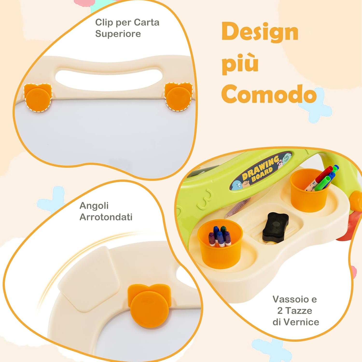 Cavalletto per Bambini, Lavagna Magnetica a Doppia Faccia Regolabile in Altezza, Tavolo da Disegno Staccabile con Manico Portatile e 2 Tazze, per Bambini 3 Anni + (Arancia)