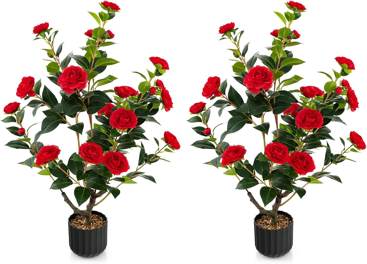 Albero di Camelia Artificiale da 95 cm, Pianta Artificiale con Fiori Finti in Vaso di Cemento, Decorazione per Casa e Ufficio (Rosso)