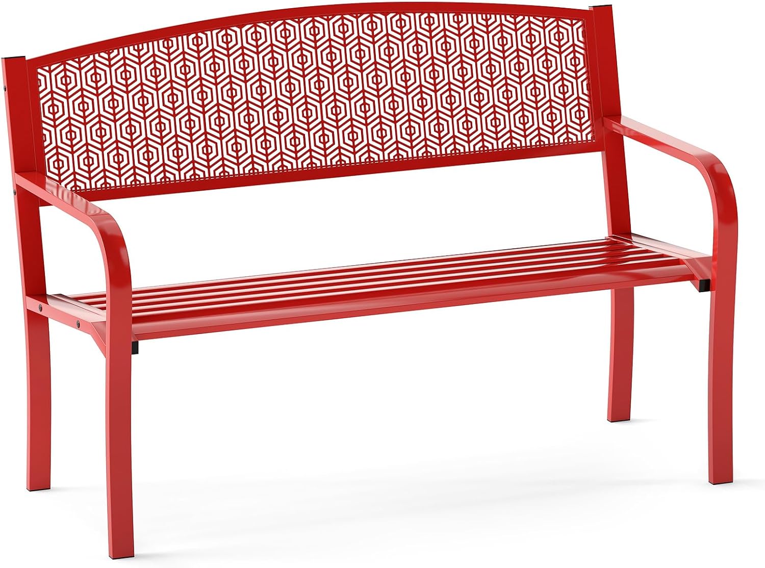Panca da Esterno 2-3 Posti 128 cm, Panca in Metallo con Braccioli Curvi e Schienale alla Moda, Panchina Moderna in Metallo per Parco, Cortile e Giardino (Rosso, 128 x 60 x 86.5 cm)