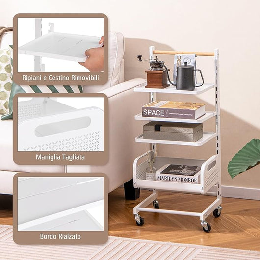 Carrello Portaoggetti a 4 Ripiani, Carrello Rotante Multiuso in Metallo con Ripiani Regolabili, Manico in Legno di Gomma e Ruote Universali Bloccabili, 35,5 x 29 x 84,5 cm