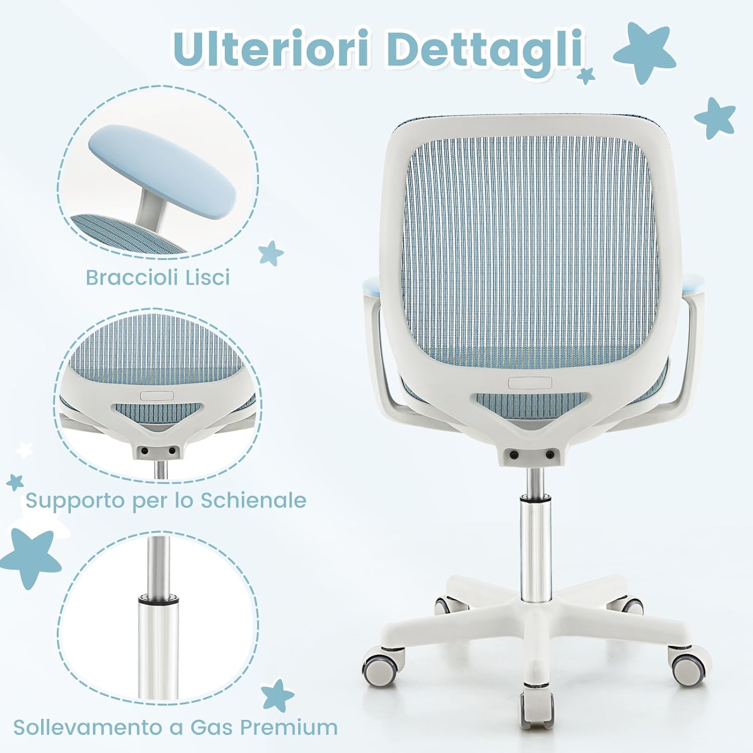 Sedia da Scrivania per Bambini, Sedia Girevole per Computer con Altezza Regolabile, Ruote con Freno, Braccioli Morbidi, Mobile Ergonomica per Bambini 6-15 Anni (Blu)