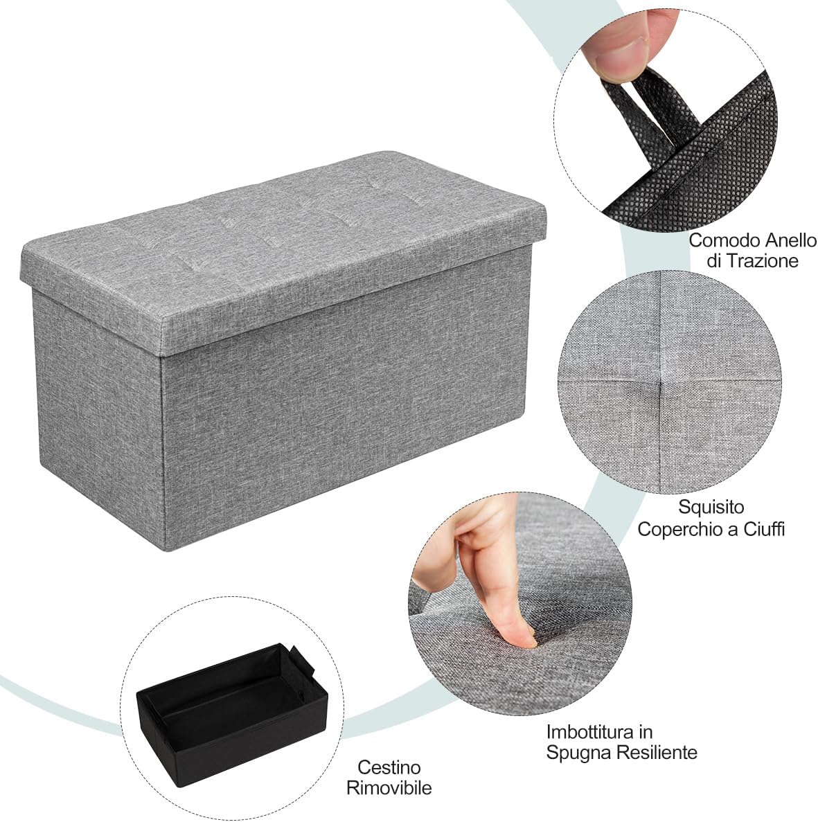 Ottomana Salvaspazio Pieghevole da 80 cm, Cassapanca per Giocattoli con Contenitore Rimovibile, Poggiapiedi con Sedile Imbottito per Soggiorno, Camera da Letto, Portata 160 kg (Grigio)
