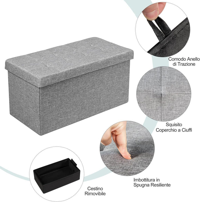 Ottomana Salvaspazio Pieghevole da 80 cm, Cassapanca per Giocattoli con Contenitore Rimovibile, Poggiapiedi con Sedile Imbottito per Soggiorno, Camera da Letto, Portata 160 kg (Grigio)
