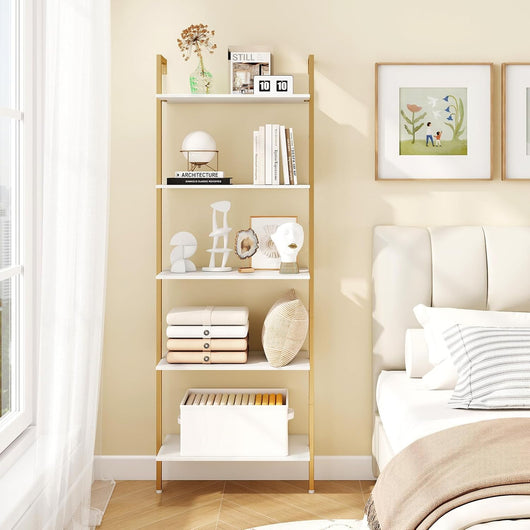 Scaffale a Scala a 5 Ripiani, Libreria da Parete Salvaspazio in Legno Moderno, Scaffale Portaoggetti per Soggiorno, Studio e Camera da Letto, 64 × 30 × 178 cm, Bianco