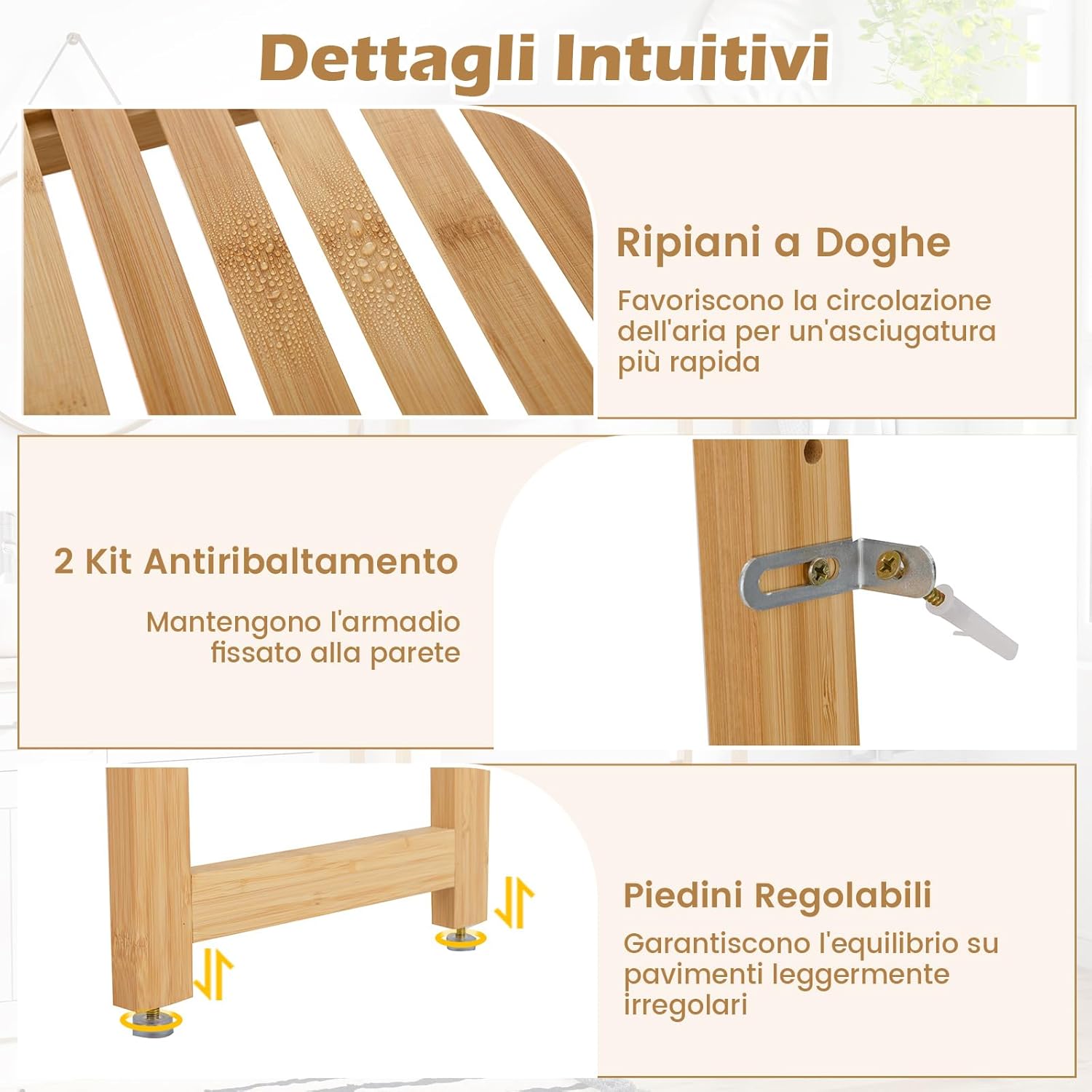 Scaffale Bagno Salvaspazio 71,5 x 25 x 166 cm, Mobile Sopra Lavatrice in Bambù a 3 Livelli con Ripiani a 5 Posizioni, 3 Ganci e Barra Inferiore, Porta Piante da Interno e Esterno