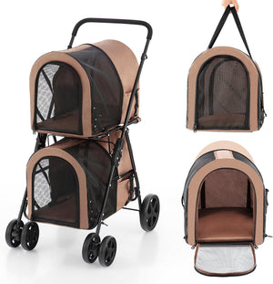 Passeggino per Cani Pieghevole, Carrozzina per Cani Multifunzionale 4 in 1 a Doppio Livello, Passeggino Smontabile con Ruote, Ideale per Passeggiata Viaggio e Shopping (Beige)