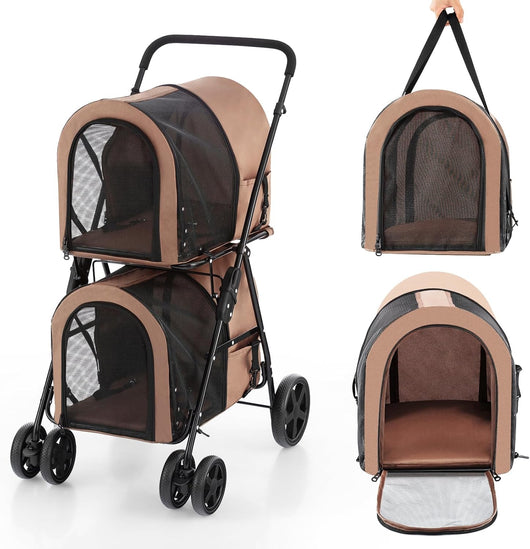 Passeggino per Cani Pieghevole, Carrozzina per Cani Multifunzionale 4 in 1 a Doppio Livello, Passeggino Smontabile con Ruote, Ideale per Passeggiata Viaggio e Shopping (Beige)