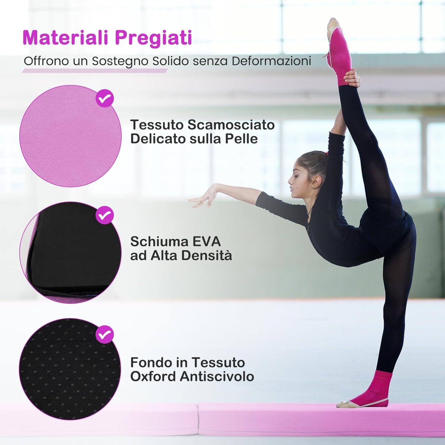 Trave Ginnastica Artistica per Bambini 210 cm, Trave di Equilibrio Pieghevole e Portatile per Casa con Manici, Copertura in Suede Rimovibile e Fondo Antiscivolo