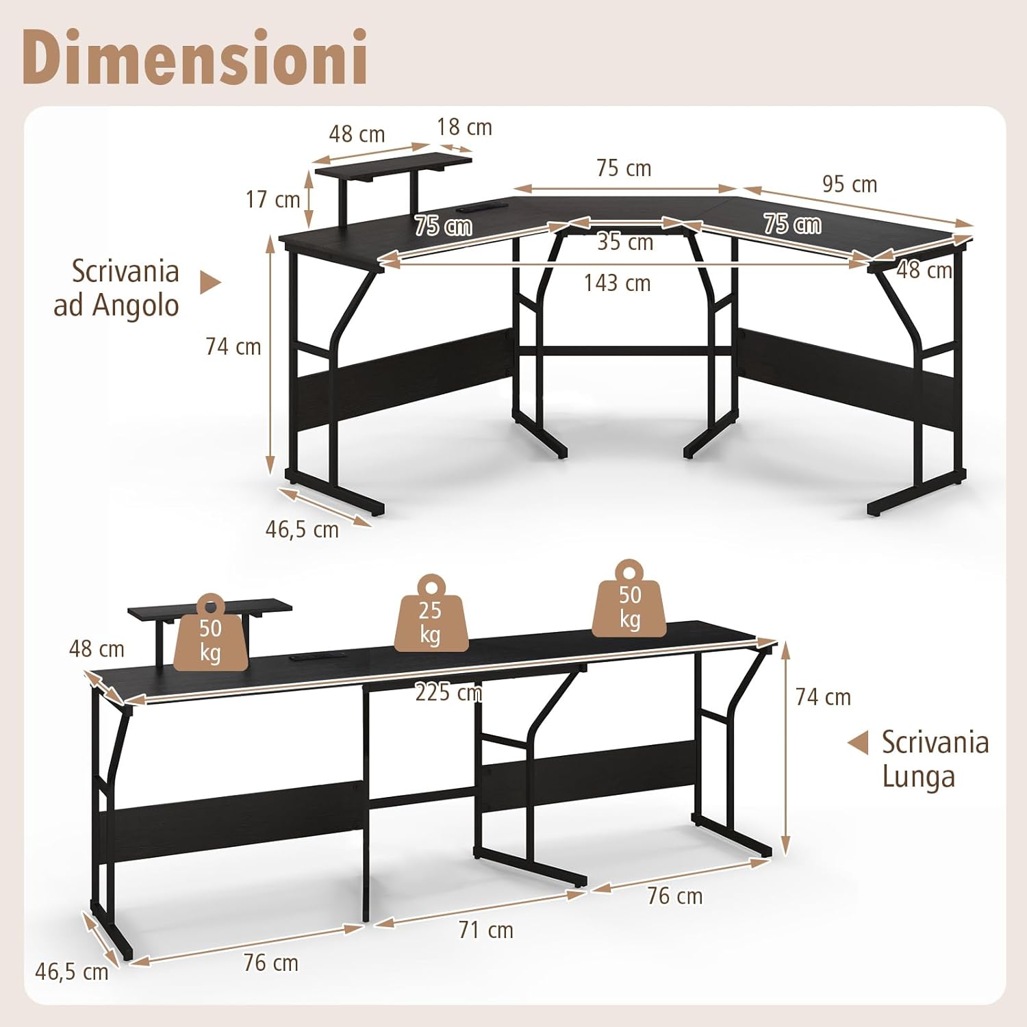 Scrivania ad Angolo a Forma di L con Presa Elettrica, Scrivania Angolare per Computer con Supporto Monitor Movibile, 225cm Postazione da Lavoro per 2 Persone per Lavoro e Gioco (Nero)