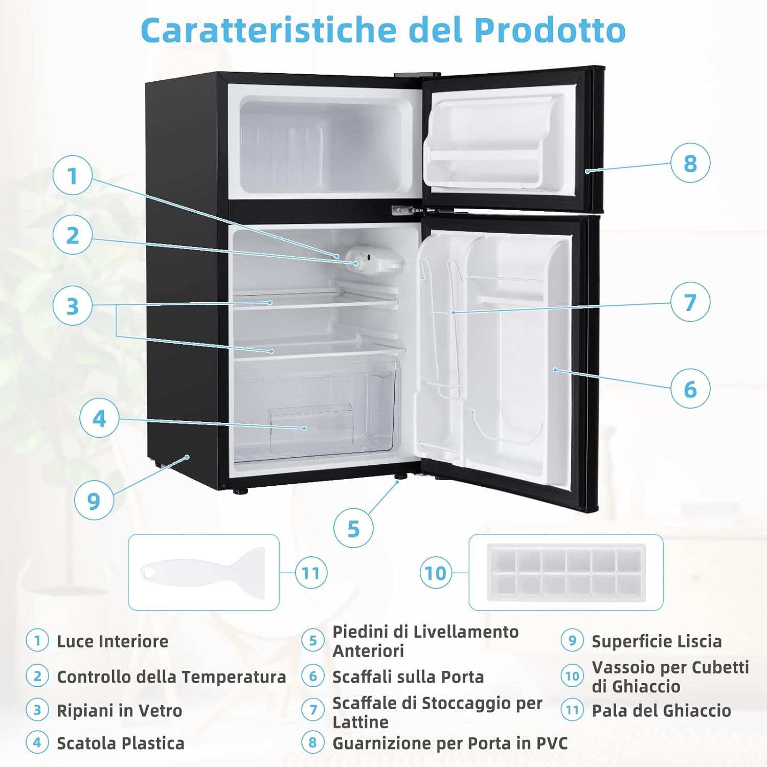 Frigorifero 90 L (27+63), Freezer Separato con 2 Ante e Luce LED, Refrigerazione Rapida, Silenzioso, Mini Frigo per Ufficio Casa Bar Hotel, 220-240 V/50 Hz (Nero) [Classe di efficienza energetica E]