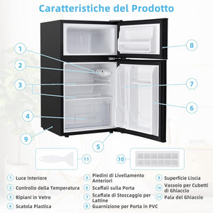 Frigorifero 90 L (27+63), Freezer Separato con 2 Ante e Luce LED, Refrigerazione Rapida, Silenzioso, Mini Frigo per Ufficio Casa Bar Hotel, 220-240 V/50 Hz (Nero) [Classe di efficienza energetica E]