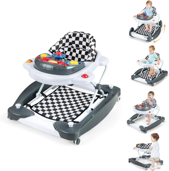 Girello per Bambini 6 in 1, Primi Passi per Neonati con Altezza Regolabile, Sedia a Dondolo per Bambini, Girello Pieghevole con Vassoio Musicale, Cuscino, per Bambini 6+ Mesi (Grigio)