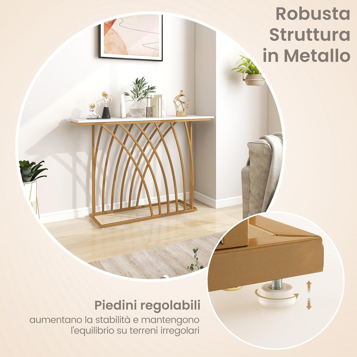 Tavolo Consolle, Tavolo da Ingresso Moderno con Piano Effetto Marmo Bianco, Base Geometrica, Tavolo Lungo e Stretto da Divano per Soggiorno e Ingresso