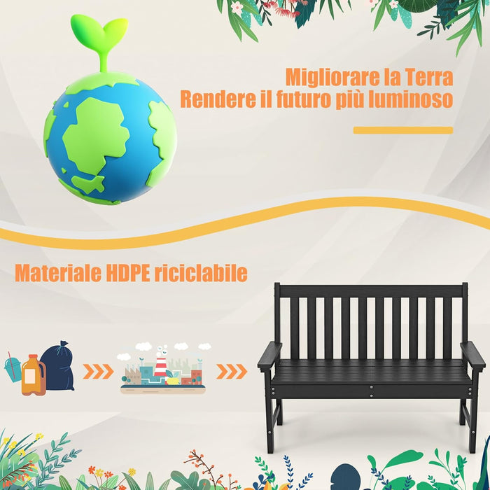 Panchina da Esterno, Panca da Giardino in HDPE Resistente con Schienale e Braccioli, Panchina da Parco, Balcone, Spogliatoio e Cortile, 132 x 65 x 91 cm (Nero)