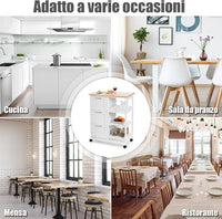 Carrello da Cucina con Ruote, Credenza Cucina con 4 Ripiani e 3 Cassetti, in Legno, Ideale per Cucina Ristorante e Bar, 67 x 37 x 83,5 cm (Bianco)