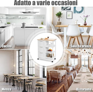 Carrello da Cucina con Ruote, Credenza Cucina con 4 Ripiani e 3 Cassetti, in Legno, Ideale per Cucina Ristorante e Bar, 67 x 37 x 83,5 cm (Bianco)