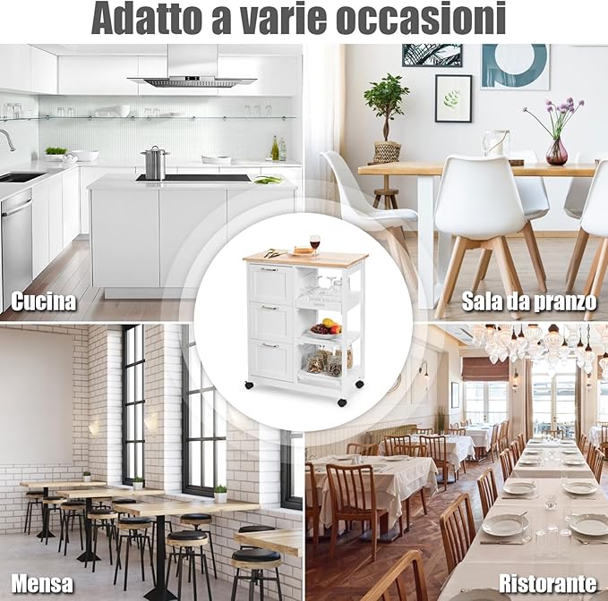Carrello da Cucina con Ruote, Credenza Cucina con 4 Ripiani e 3 Cassetti, in Legno, Ideale per Cucina Ristorante e Bar, 67 x 37 x 83,5 cm (Bianco)