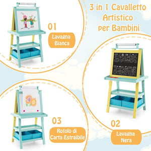 3 in 1 Cavalletto per Bambini con Doppia Faccia, Cavalletto per Disegno con 2 Vassoi e 2 Scatole, Lavagna Bambini in Legno (Verde)