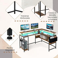 Scrivania da Gaming Angolare, Scrivania per Computer con Luci LED, Prese di Corrente, Supporto per Monitor, Gancio e Ripiani, Postazione di Lavoro ad Angolo