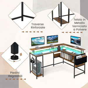 Scrivania da Gaming Angolare, Scrivania per Computer con Luci LED, Prese di Corrente, Supporto per Monitor, Gancio e Ripiani, Postazione di Lavoro ad Angolo