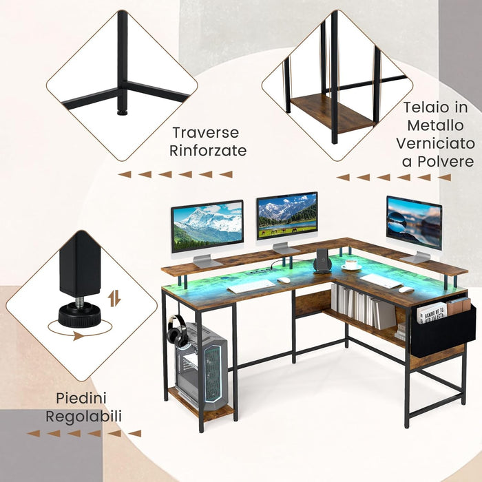 Scrivania da Gaming Angolare, Scrivania per Computer con Luci LED, Prese di Corrente, Supporto per Monitor, Gancio e Ripiani, Postazione di Lavoro ad Angolo