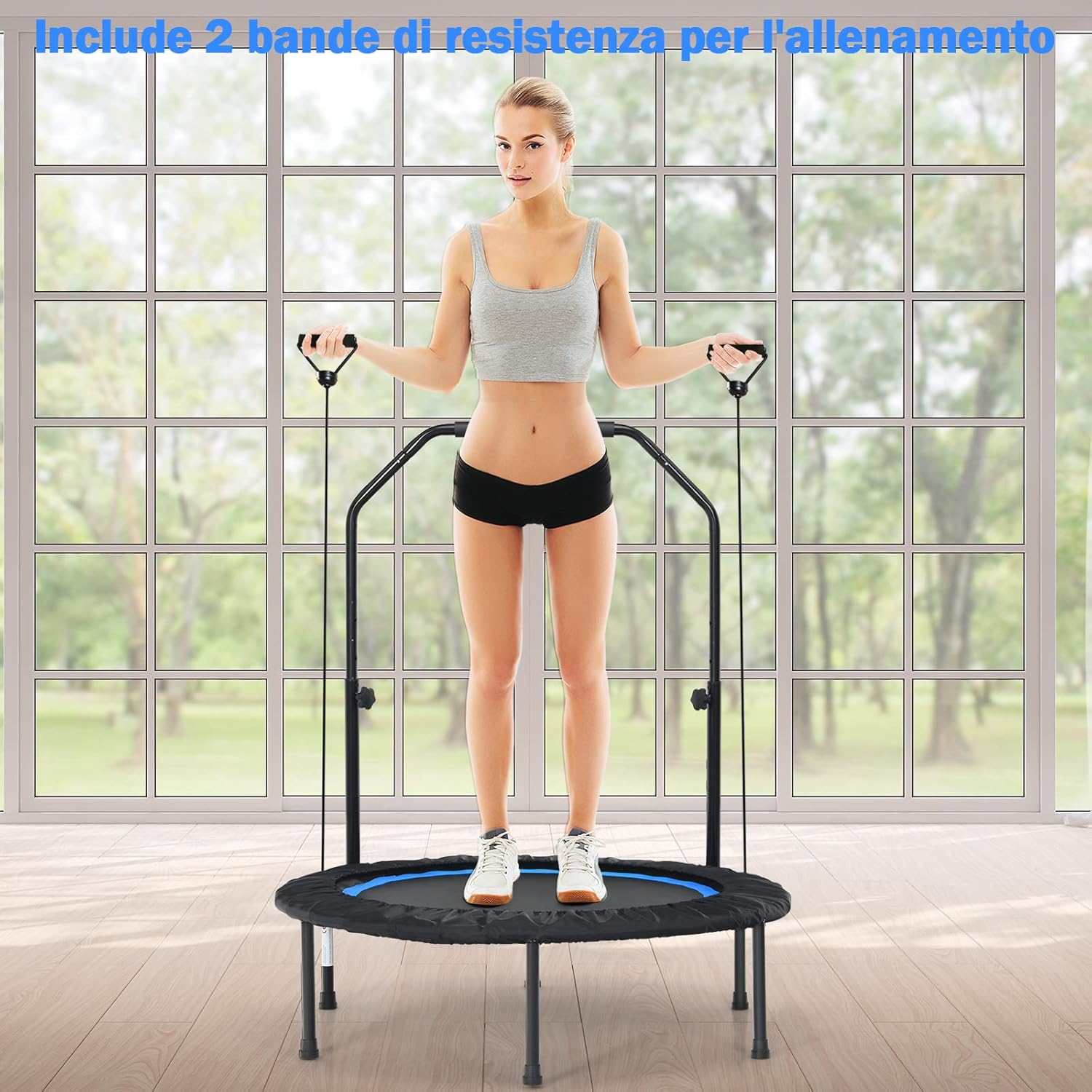 Mini Trampolino Pieghevole 101cm, Trampolino Fitness per Adulti e Bambini,con Maniglia Altezza Regolabile, Capacità di Carico 150 kg