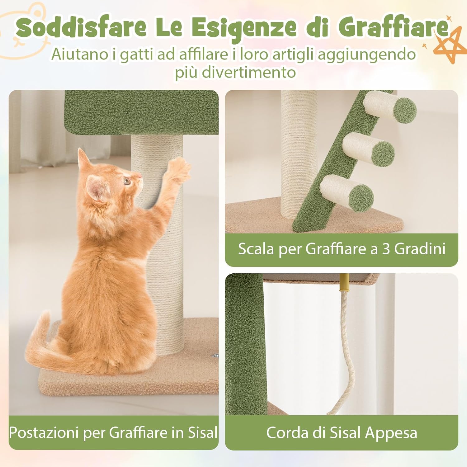 Tiragraffi per Gatti con Altezza Regolabile 218-253cm, Torre per Animali Domestici con 5 Livelli, Cordino, Pali in Sisal e Scala, Albero per Gatti, Verde