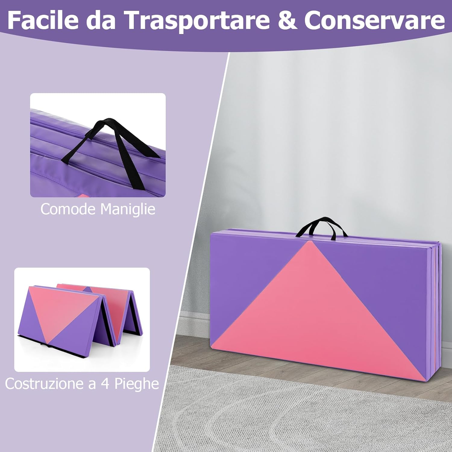 Tappetino Ginnastica Pieghevole 240 CM, Tappetino Fitness con Maniglie e Chiusure a Strappo per Stretching, Yoga, Arti Marziali da Casa e Palestra