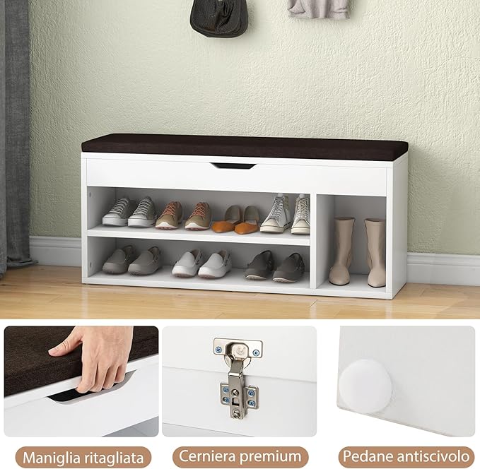 Scarpiera Panca con Cuscino, Scarpiera da Ingresso Salvaspazio, Panca Contenitore per Ingresso Corridoio, 104x30x48 cm, Carico 150 kg (Bianco)