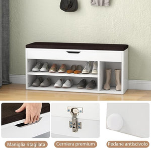 Scarpiera Panca con Cuscino, Scarpiera da Ingresso Salvaspazio, Panca Contenitore per Ingresso Corridoio, 104x30x48 cm, Carico 150 kg (Bianco)