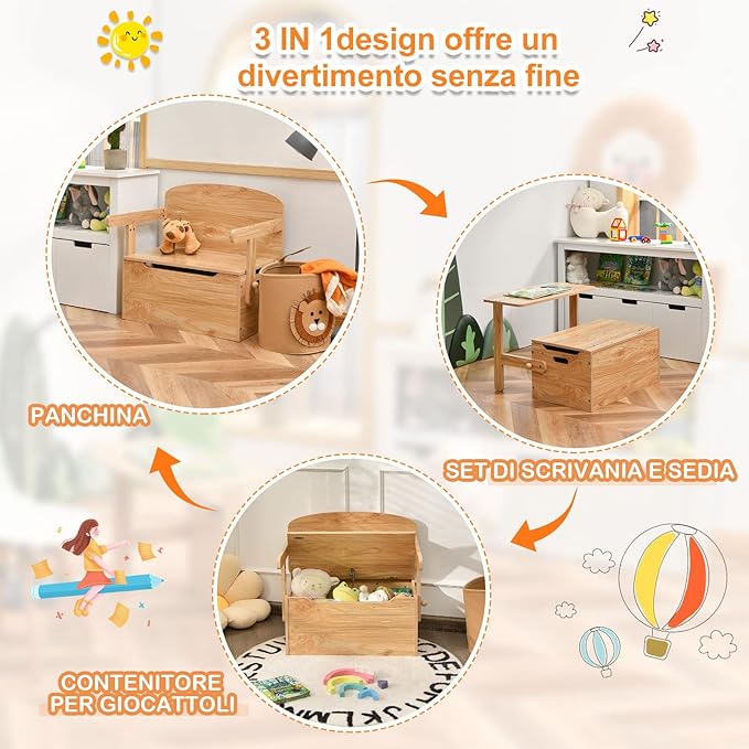 Cassapanca Contenitore 3 in 1 per Bambini Trasformabile in Legno con Scatola dei Giocattoli, Tavolo bambini con Sedie Multifunzione per 3-7 Anni (Naturale)
