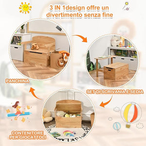Cassapanca Contenitore 3 in 1 per Bambini Trasformabile in Legno con Scatola dei Giocattoli, Tavolo bambini con Sedie Multifunzione per 3-7 Anni (Naturale)