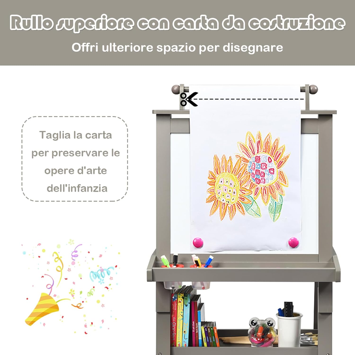 3 in 1 Cavalletto per Bambini con Doppia Faccia, Cavalletto per Disegno con 2 Vassoi e 2 Scatole, Lavagna Bambini in Legno (Grigio)