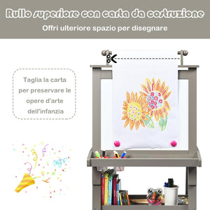 3 in 1 Cavalletto per Bambini con Doppia Faccia, Cavalletto per Disegno con 2 Vassoi e 2 Scatole, Lavagna Bambini in Legno (Grigio)