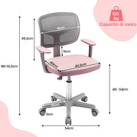 Sedia per Scrivania per Bambini, Sedia per Computer per Bambini con Altezza Regolabile, Ruote con Freni, Sedile Girevole a Rete, Sedia Ergonomica per Bambini 3-10 Anni (Rosa)