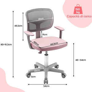 Sedia per Scrivania per Bambini, Sedia per Computer per Bambini con Altezza Regolabile, Ruote con Freni, Sedile Girevole a Rete, Sedia Ergonomica per Bambini 3-10 Anni (Rosa)