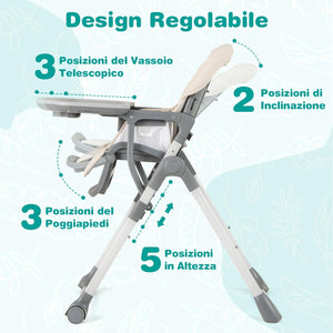 Seggiolone Pieghevole per Bambini, Portatile Regolabile con Poggiapiedi, Seggiolone con Vassoio Staccabile, Cuscino Sede in PU, Cintura di Sicurezzae Ruote Incorporate, Portata 15 kg (Beige)