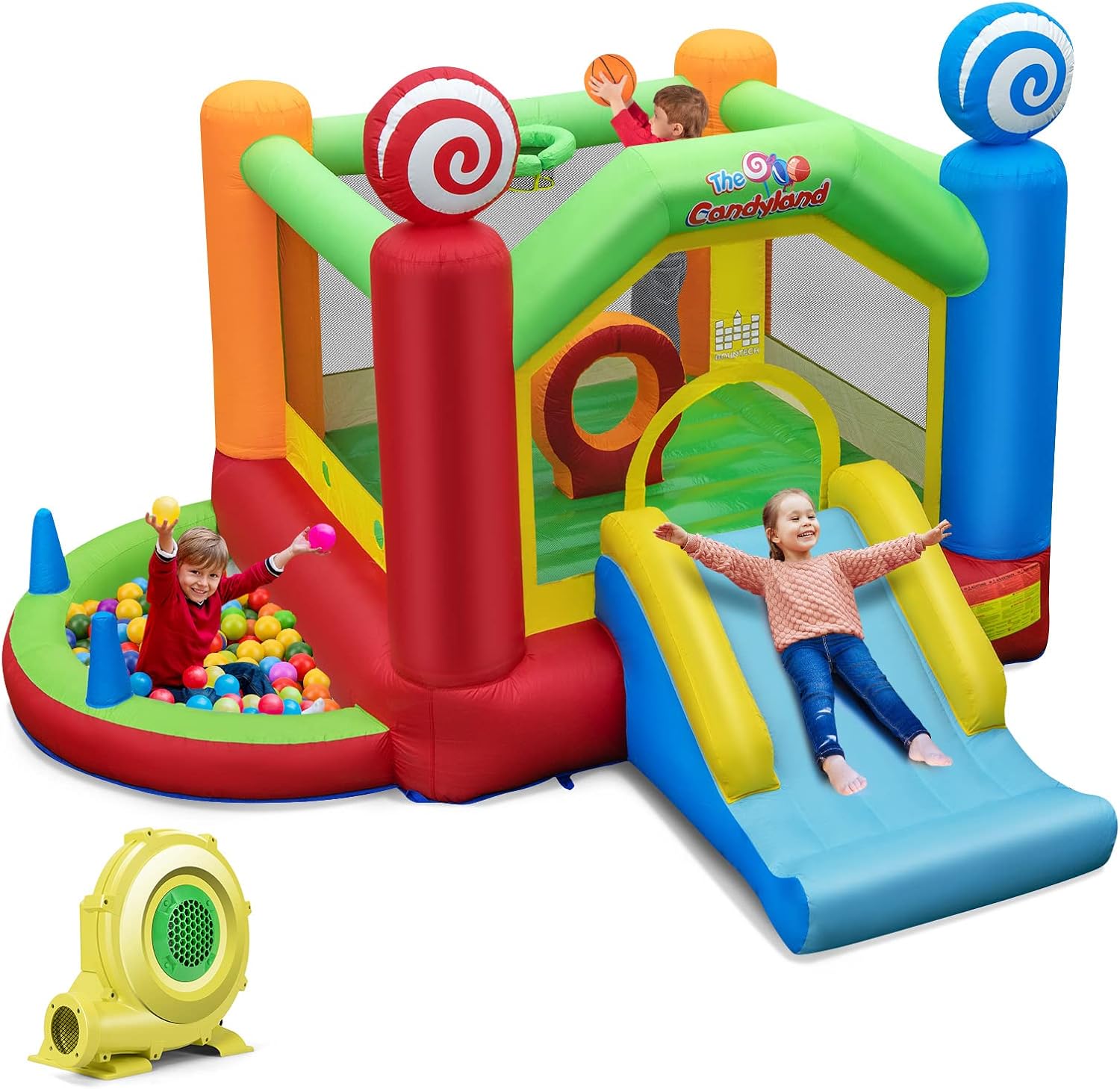 Castello Gonfiabile per Bambini, Con Scivolo, Trampolino e Canestro da Basket, 50 Palline Colorate e Soffiatore, Con Borsa di Trasporto e Kit di Riparazione, 385 x 355 x 245 cm