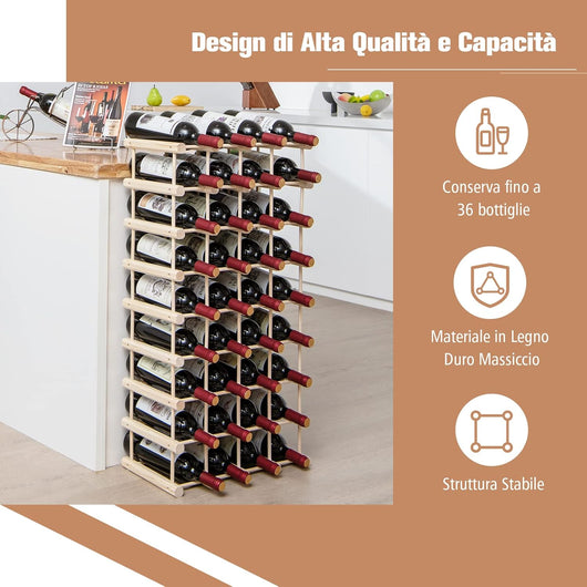 Portabottiglie per Vino in Legno, Scaffale per Vino 36 Bottiglie con Struttura Stabile in Legno Massello, Scaffale Espositivo per Vino a 5 Livelli, 44,5x24x86 cm