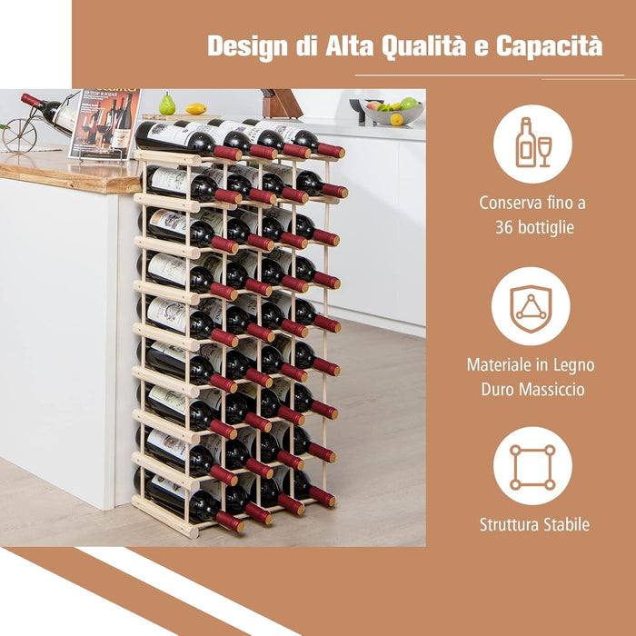 Portabottiglie per Vino in Legno, Scaffale per Vino 36 Bottiglie con Struttura Stabile in Legno Massello, Scaffale Espositivo per Vino a 5 Livelli, 44,5x24x86 cm