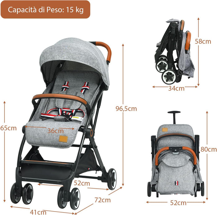 Passeggino Pighevole per Bmabini, Passeggino con Schienale e Poggiapiedi Regolabili, Passeggino Leggero Portata 15 kg, con Cappottina e Zanzariera, per Bambini 0-3 Anni (Grigio)