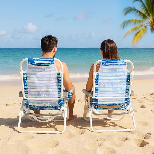 Set di 2 Sedie Pieghevole da Spiaggia, Lounge Sdraio con 5 Posizioni Regolabili, Poltrona da Mare con Cuscino, Porta Asciugamano, Braccioli & Portabicchieri, Portata 150 kg (Blu)