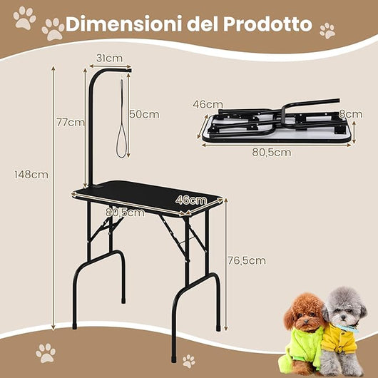 Tavolo Toelettatura e Tosatura per Animali, Accessori Pieghevole per Toilette per Cani con Bracci Regolabili in Altezza,Cappio e Piano Antiscivolo, Portata 100 kg (80,5 x 46 x 146 cm)