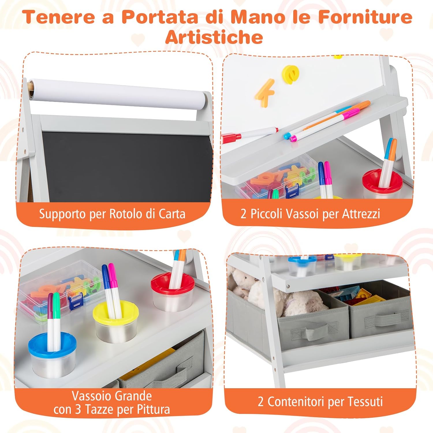 3 in 1 Cavalletto per Bambini, Cavalletto con Doppia Faccia Magnetica e Lavagna Bianca, Rotolo di Carta, 3 Bicchieri per Vernice e 2 Ceste in Tessuto, per Bambini 3-6 Anni (Grigio)